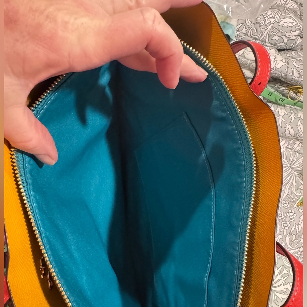 Coach Red /Orange Tote Bag; Lg., beautiful; NWOT; yellow and teal interior. - Picture 8 of 12